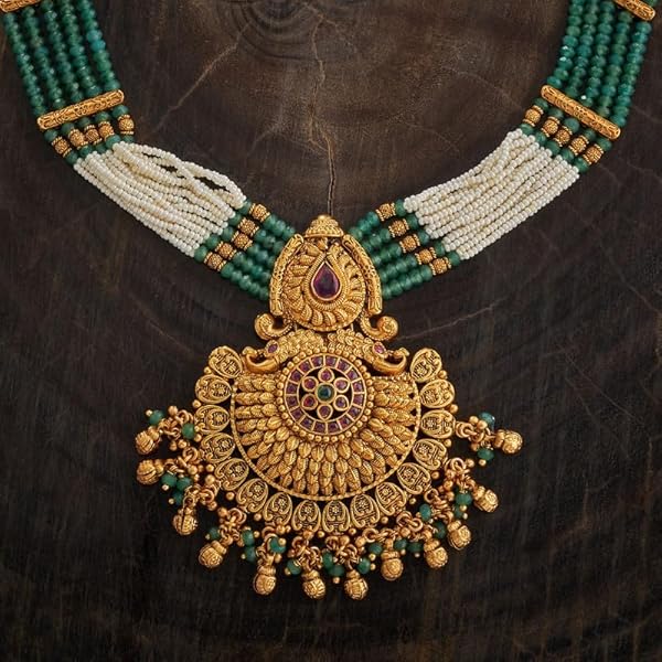 Kushal's Fashion Jewellery Ruby-Green Gold Plated Ethnic Antique Necklace Set - 413107 - Image 4