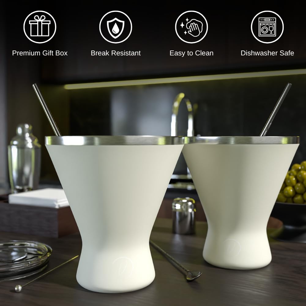 Mother’s Day Gift for Mom – Set of 2 Cream, Stainless Steel Martini Glasses, Unbreakable Metal Cocktail Glass Set, Unique Gift for Women Wife, 10oz