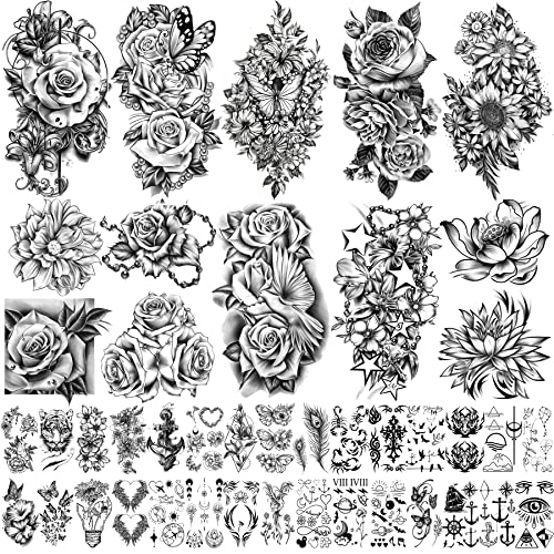 40 sheets Waterproof Temporary Tattoos Flowers Rose Butterfly Fake Tattoo Mix Style Lasting Body Art Tattoo Stickers for Women or Girls