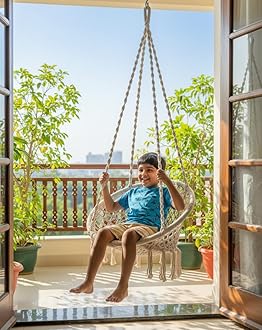 Cotton Round Baby Swing/Jhula For Home - Indoor & Outdoor Hanging Chair For Children 5-15 Years (White, 66 Centimeters)
