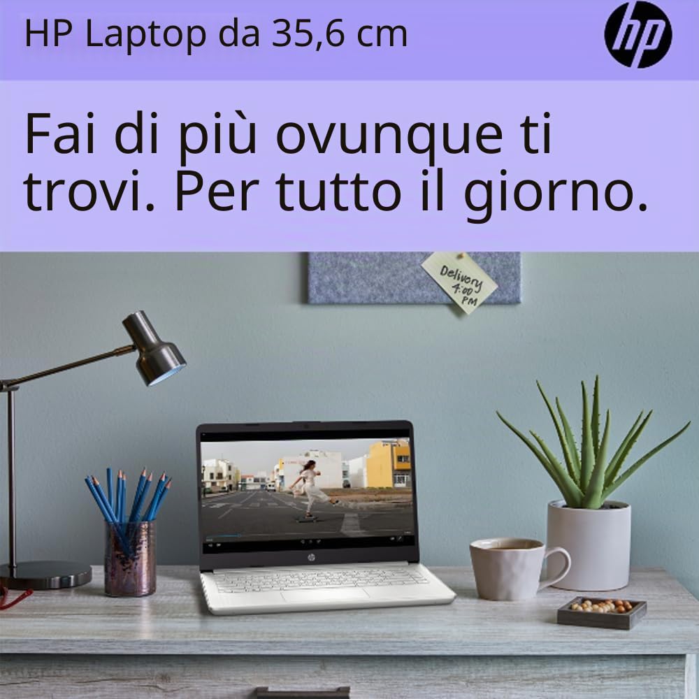 HP 14 laptop (14" HD, Intel Celeron N4120, 16 GB di RAM, 256 GB di memoria (128 GB eMMC + scheda SD IST da 128 GB)) Scuola e azienda, durata della batteria 11,5 ore, Office 365 1 anno, Win 11 Home