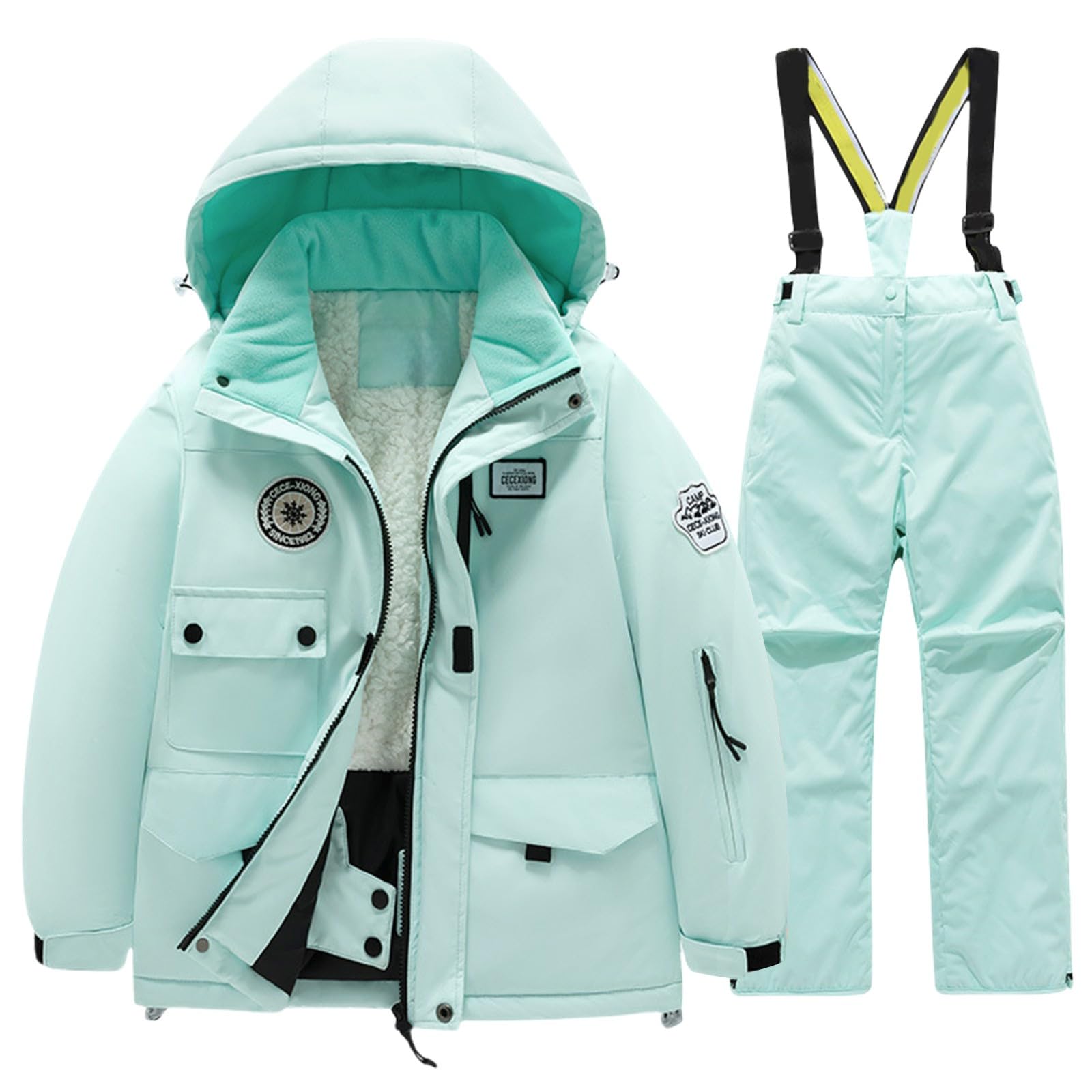 Traje de nieve de 2 piezas para niños y niñas, con forro polar, acolchado, cálido, resistente al viento, 2 piezas, para exteriores, con cremallera, chaqueta de esquí acolchada, pantalones térmicos