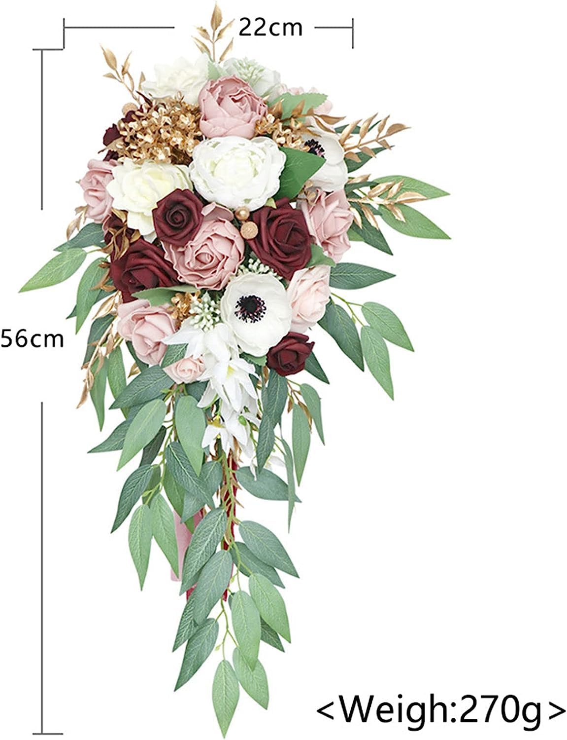 Bukiet kwiatów 9" Dusty Rose Cascading Bridal dla Panny Młodej, sztuczne jedwabne róże, rustykalny wystrój boho ceremonii