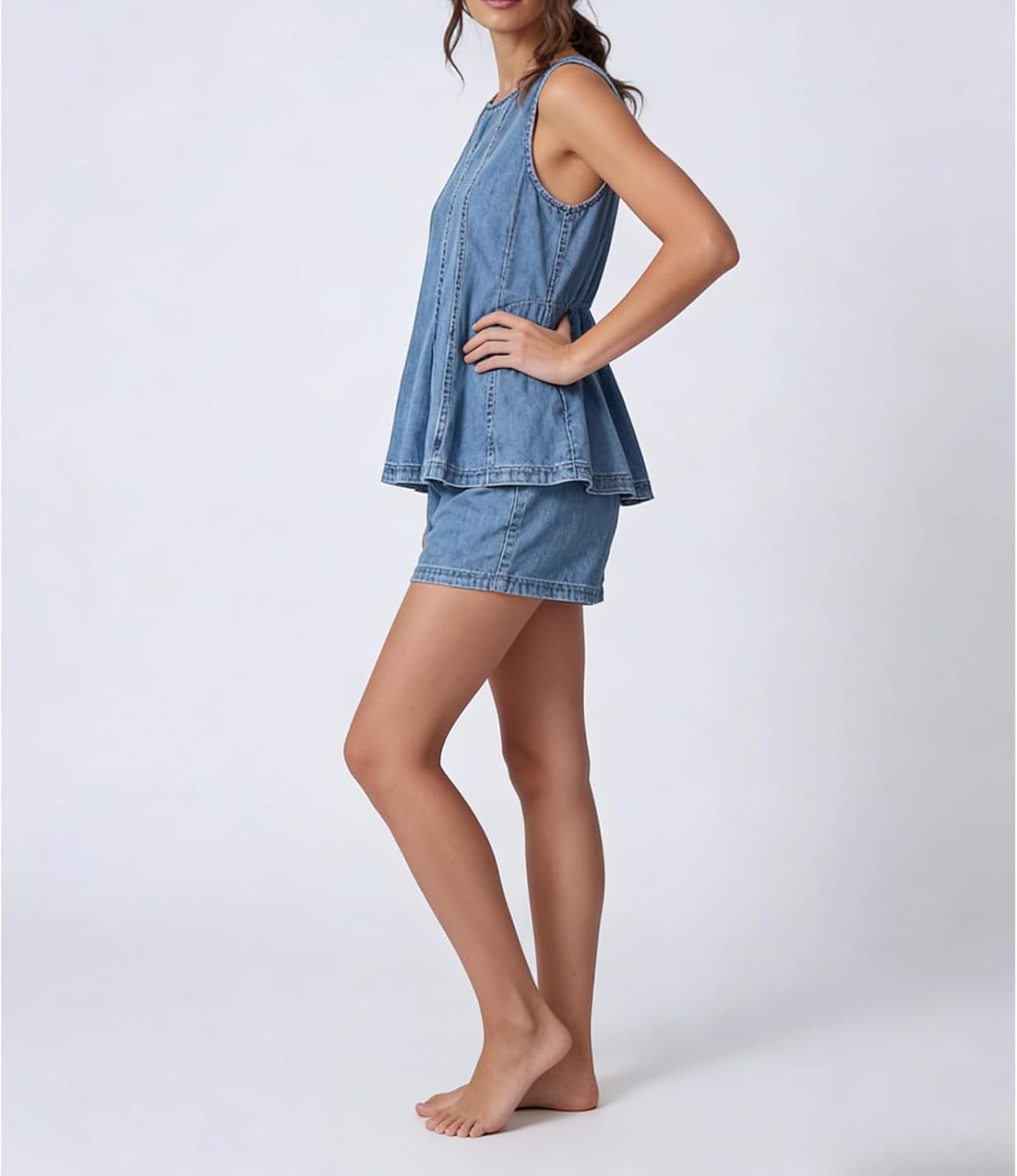 Women’s Denim 2 Piece Outfit Set, Sleeveless Flare Tank Top & High Waisted Pull-On Shorts with Pockets, Summer