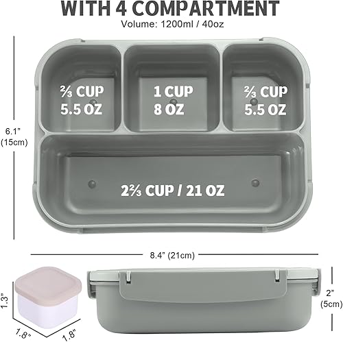 Miniatura 2 de Lonchera Bento para adultos, recipientes para niños y niñas con 4 compartimentos, contenedor de alimentos con utensilios, tarro de salsa, forros