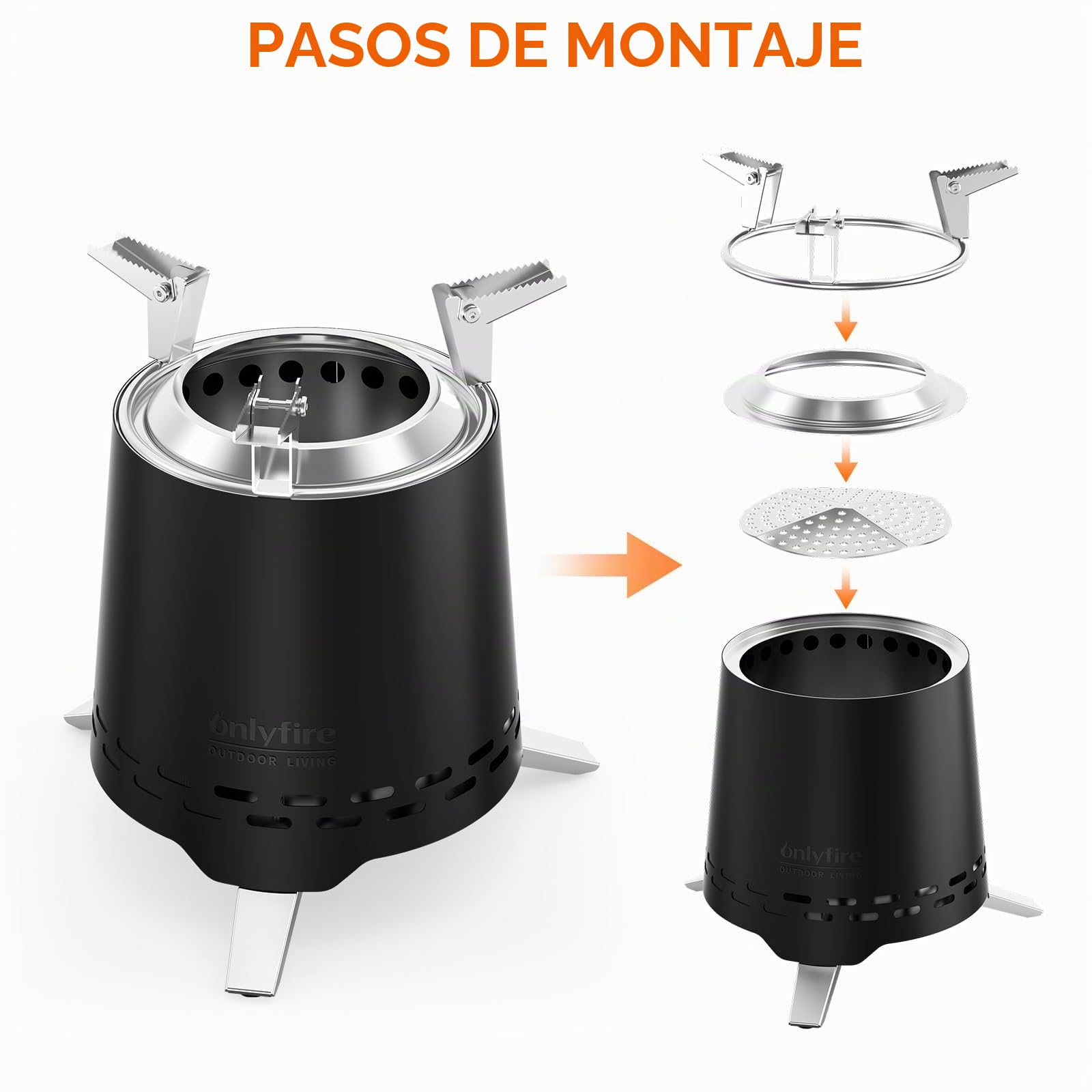Onlyfire 16,5 cm Brasero sin Humos de Mesa, Mini Brasero Portátil con Soporte para Macetas y Bolsa de Transporte, para Acampar Al Aire Libre Tailgating Patio Trasero, Acero Inoxidable, Negro
