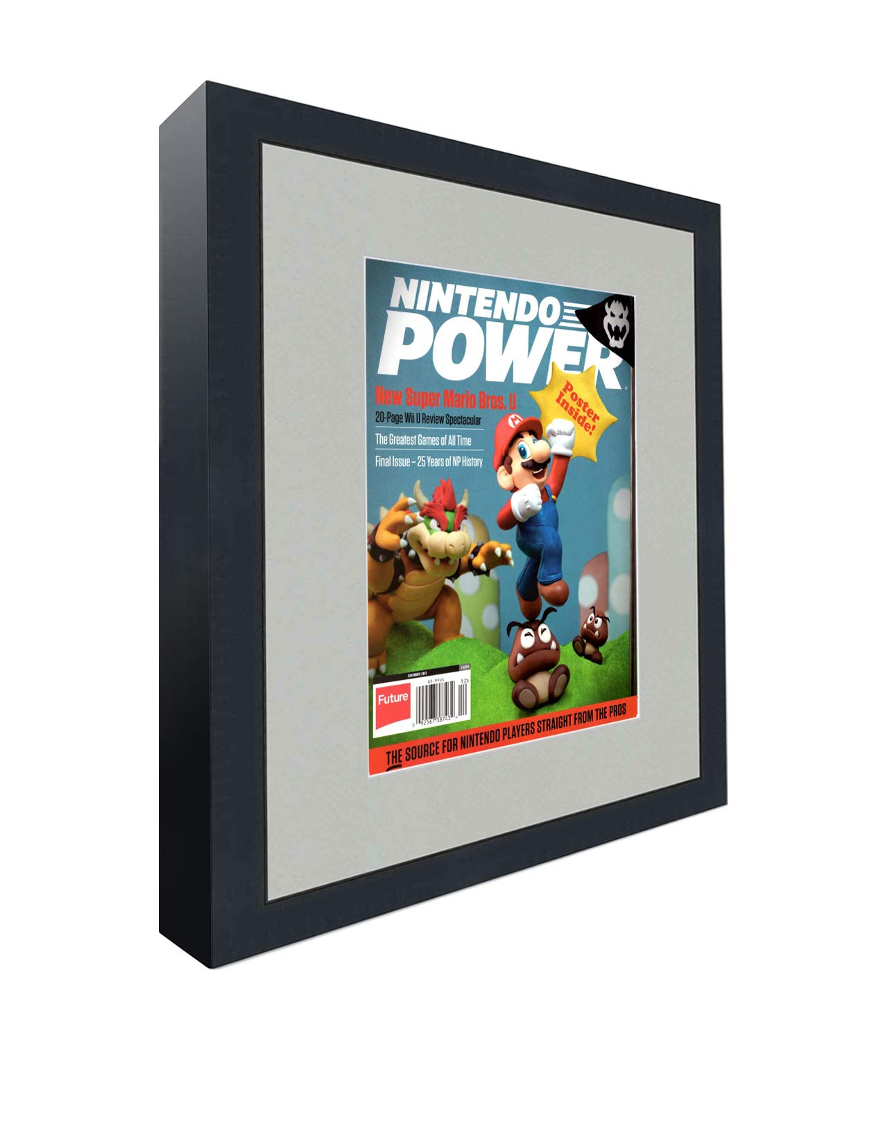 Nintendo Power Magazine Solid Wood Picture Frame - Complete with Acrylic, Backing, and Grey Mat - Display Magazines Sized 8