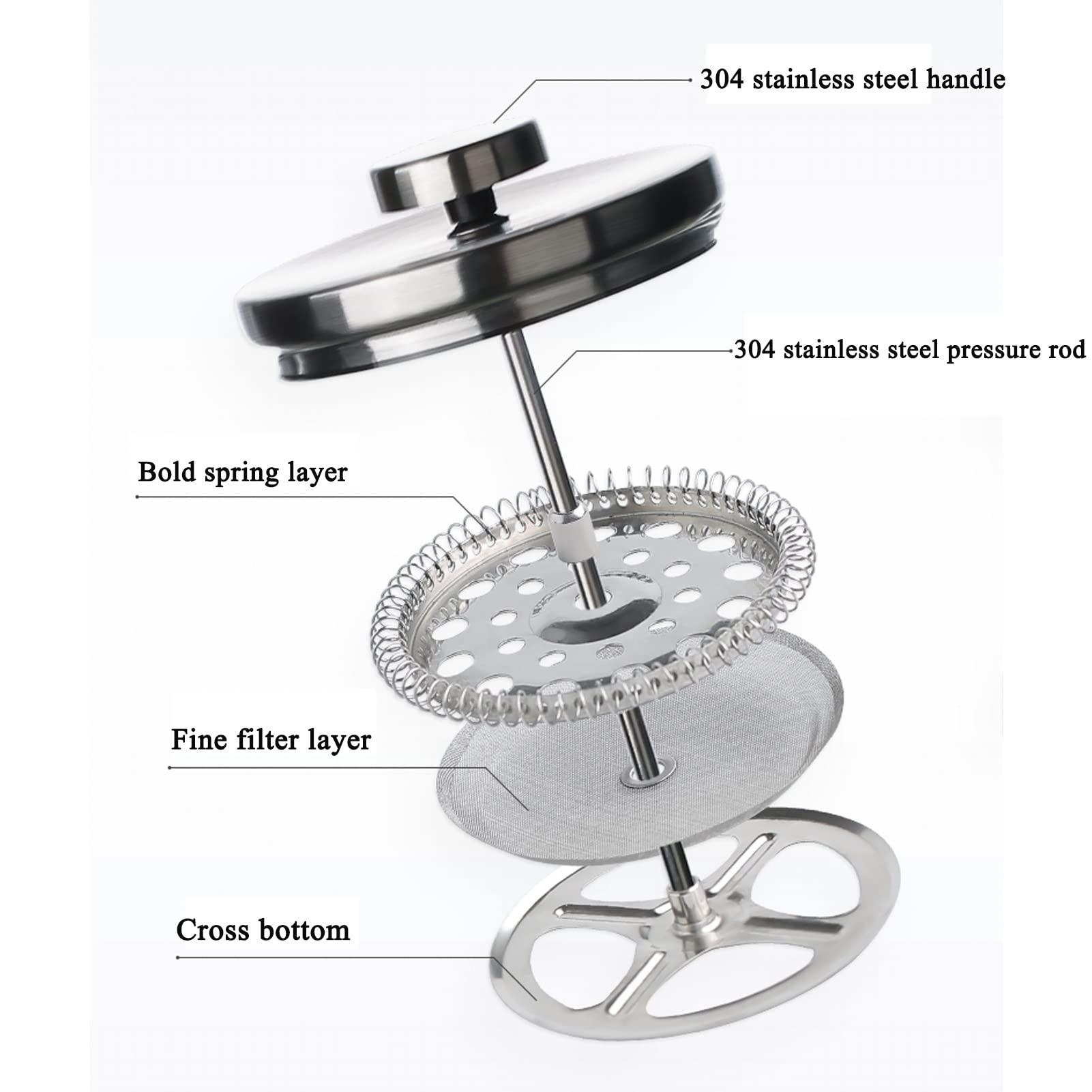 Cafetera Émbolo,Cafetera Francesa De Vidrio De Borosilicato Resistente Al Calor Extraíble,Jarra Resistente Al Calor,Cafetera De Piston De Acero Inoxidable 304 Con 3 Filtros,Apta Para Lavavajillas