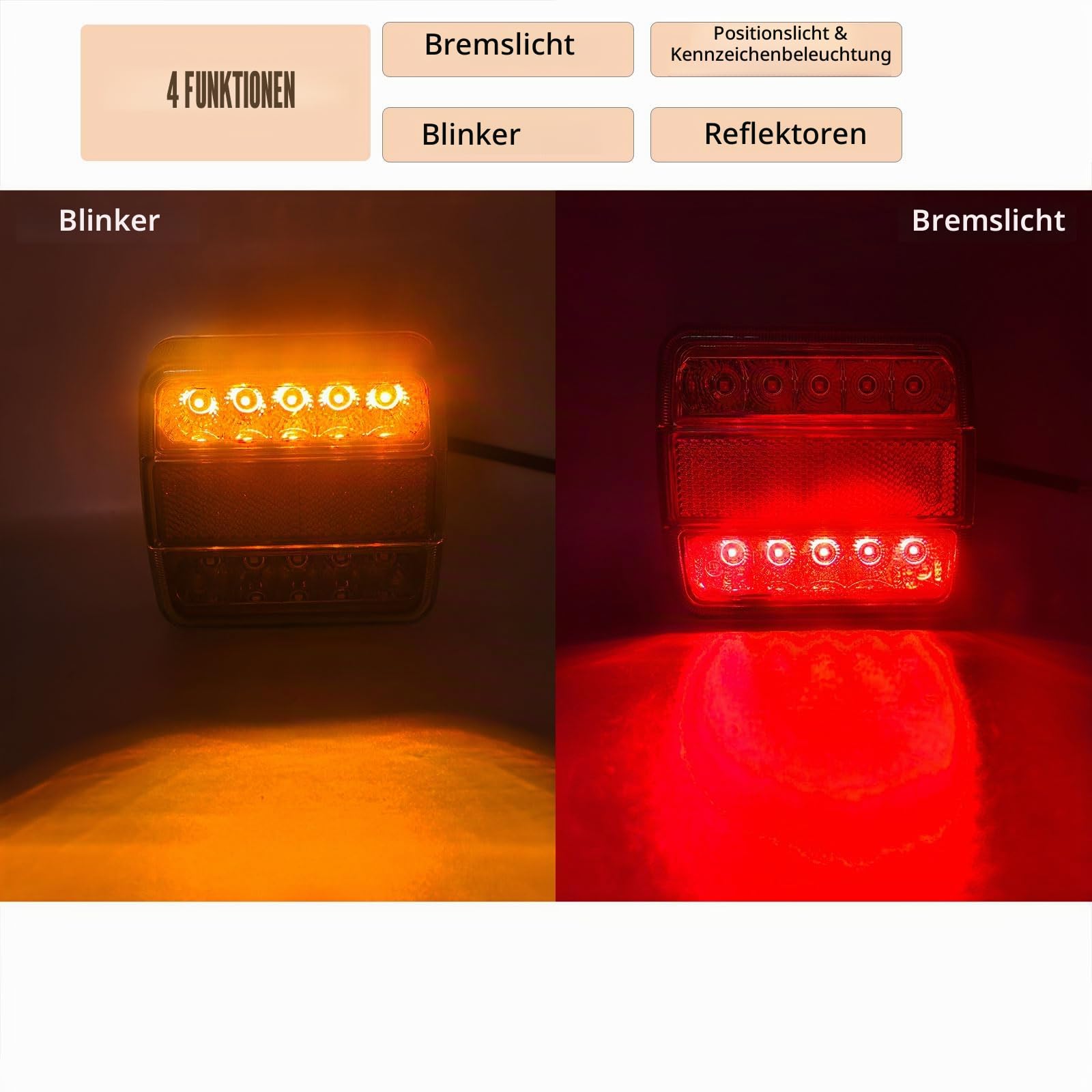 2 Stück 12 V Universell LED Rückleuchten Anhänger mit E-Prüfzeichen, 5 Funktionen: Bremse, Position, Blinker, Kennzeichenbeleuchtung, Reflektor