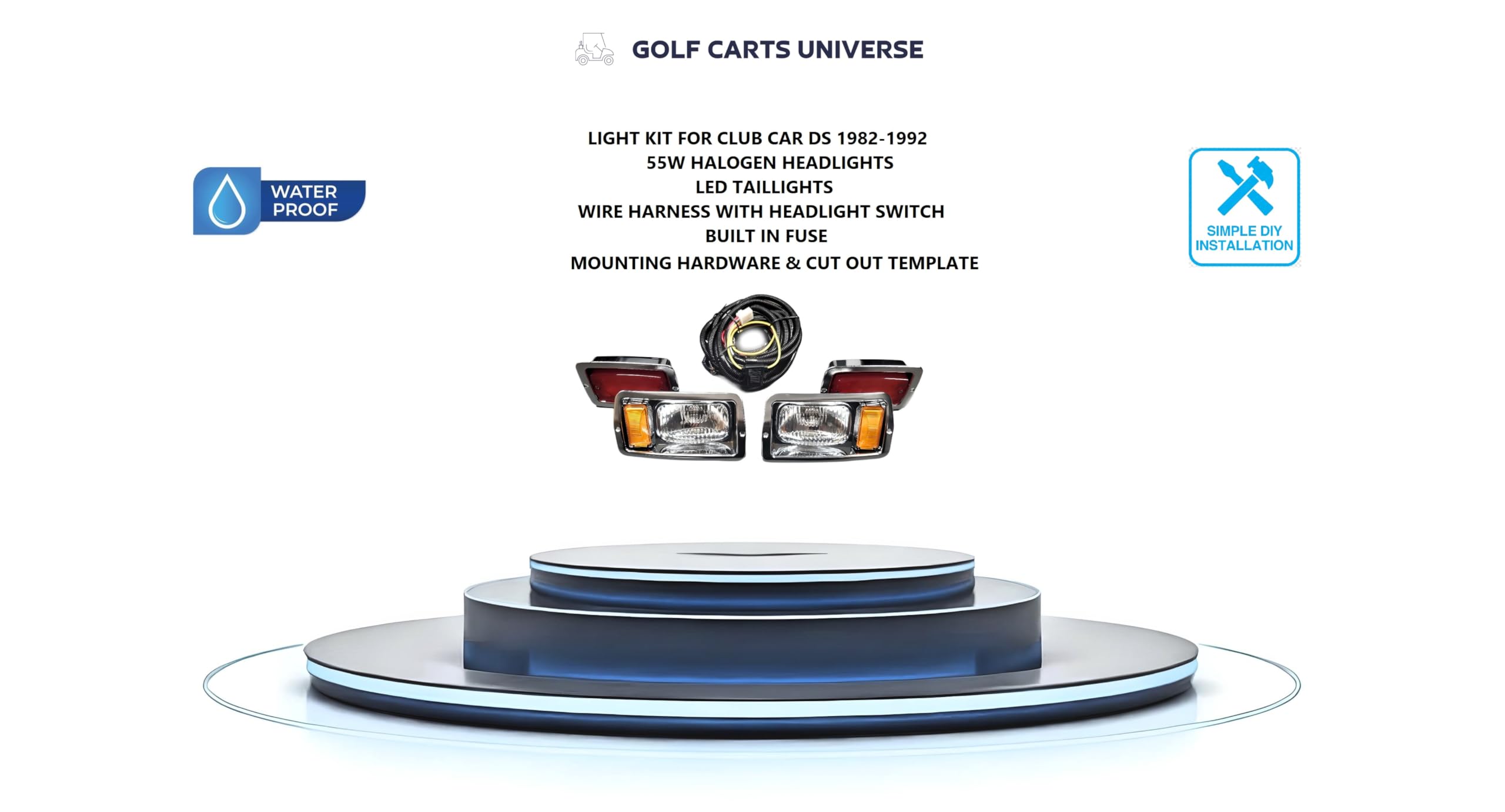 Golf Carts Universe Chrome Bezel Headlights Taillights LED Wire Harness for Club Car DS 1982-1992