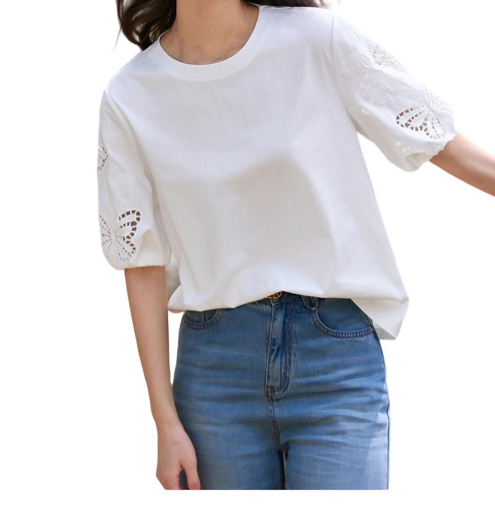 Camicia da donna ricamata a maniche corte con scollo rotondo T-shirt estiva Hollow Top Casual Moda Elegante Top