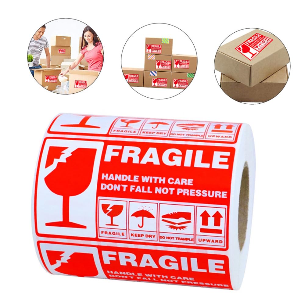 Etichette Adesive Fragili Rosse da Spedizione 300 Pezzi, Rotolo Carta | Alta Visibilità, Riduce Rischio, Uso in Magazzino e Centri di Distribuzione, per Legno e Opere D’Arte