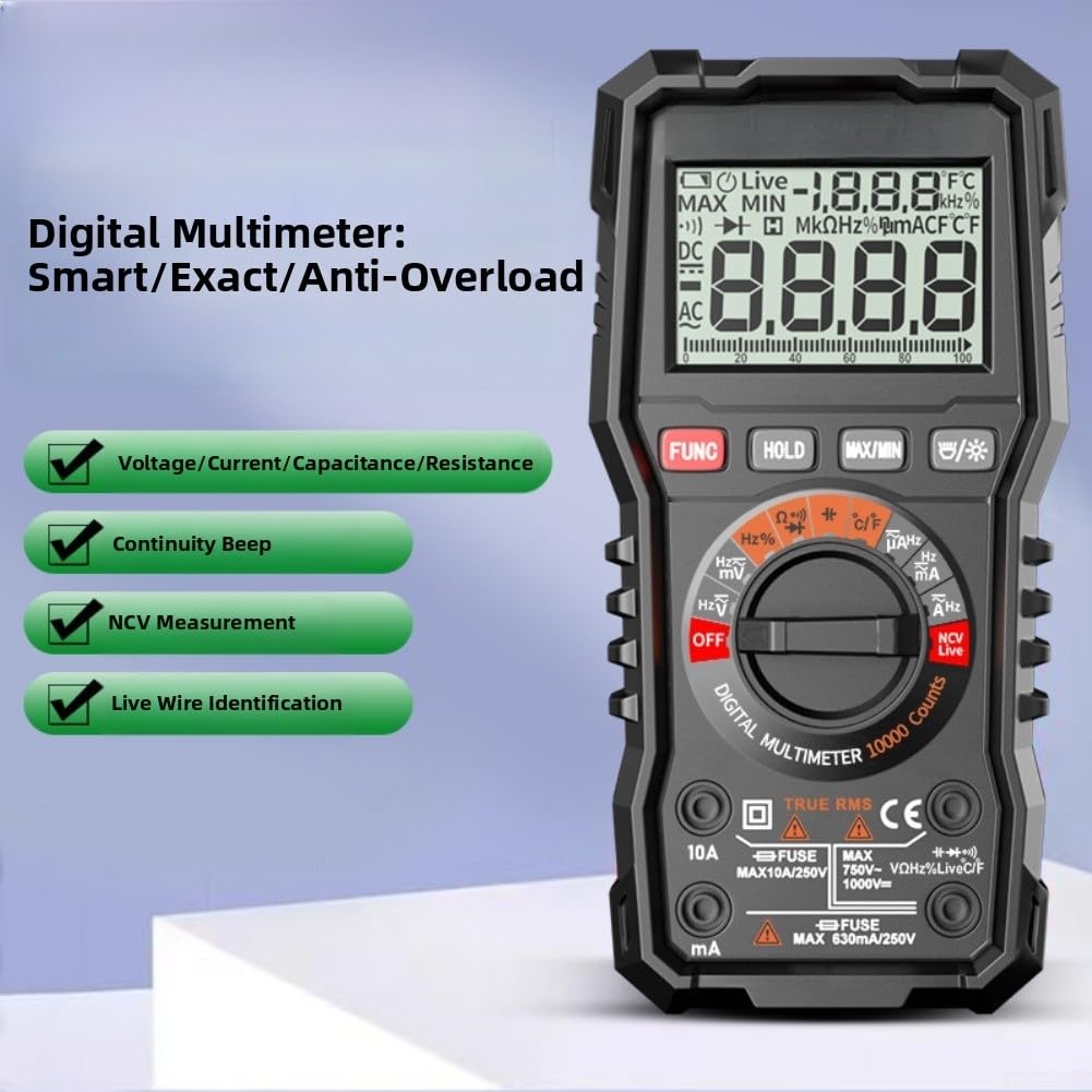 Cyfrowy multimetr 6000 Counts True RMS NCV tester napięcia Auto Ranging dla elektryków, do samochodu, gospodarstwa domowego, z podświetleniem LCD 18,6 x 9,1 cm (Project 10000)