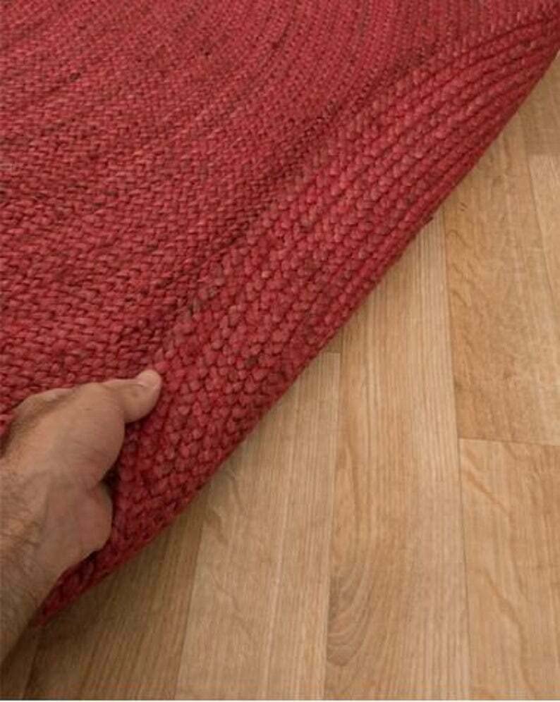 Tapis Rond tressé à la Main en Jute de Style bohème pour Salon, Couloir (Rouge, 60 x 60 cm)