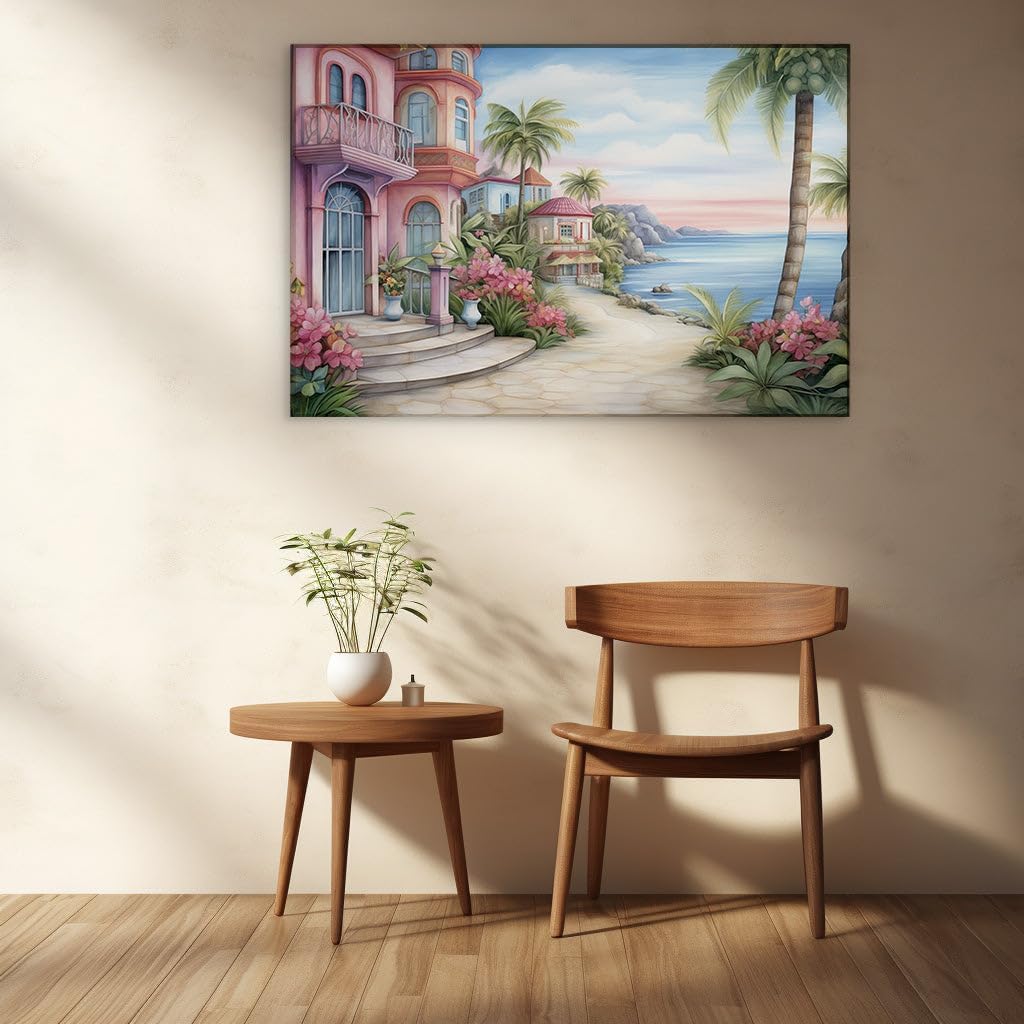 Canvas for Living Room. Strolling Through Tranquility: A Pathway Amongst Colorful Houses and Palms by a Serene Seascape at Sunset, 27 x 18 inch Canvas Wall Art - Modern Home Decor