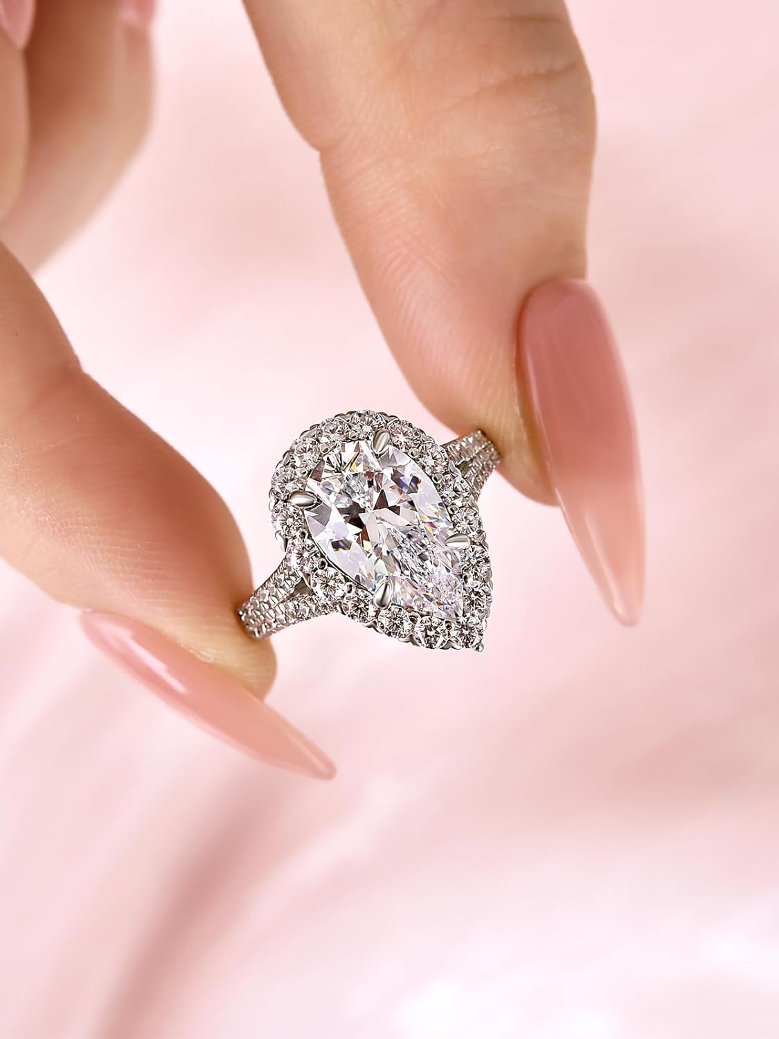 3.5/5.0CT Halo Pear Shaped Engagement Ring,Split Shank Promise Ring for Women in S925 Sterling Silver - Image 3