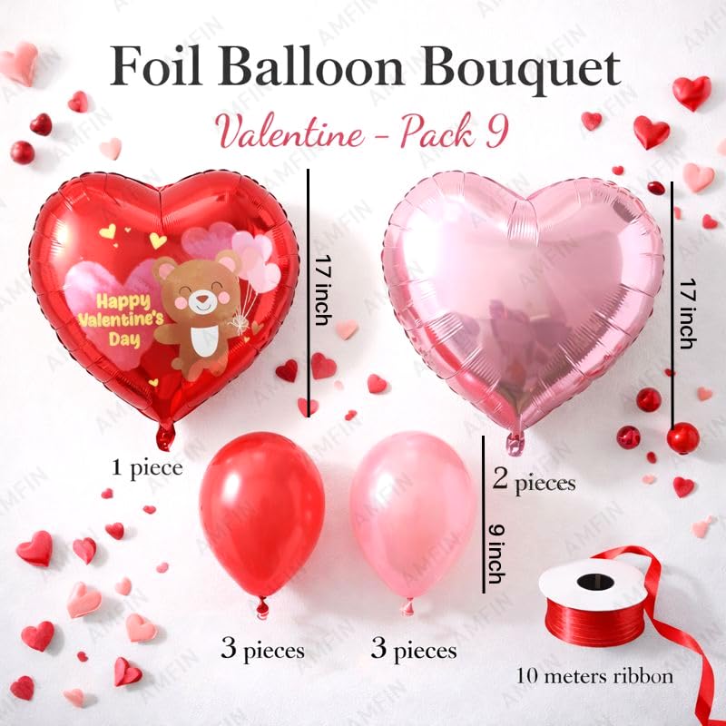 Image of AMFIN (Pack of 9) Happy Valentine's Day Balloon Decoration Set | Romantic Heart Foil Bouquet Metallic Helium Bunch Proposal Anniversary Celebration Party Decor - Red Teddy