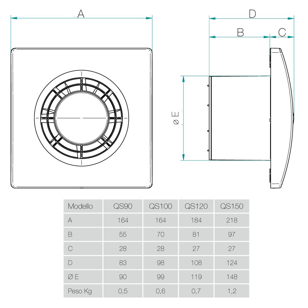 QS150T di Aerauliqa - Aspiratore assiale diam.148mm - 24W - 330m3/h - cod. PQS0007Q - con timer