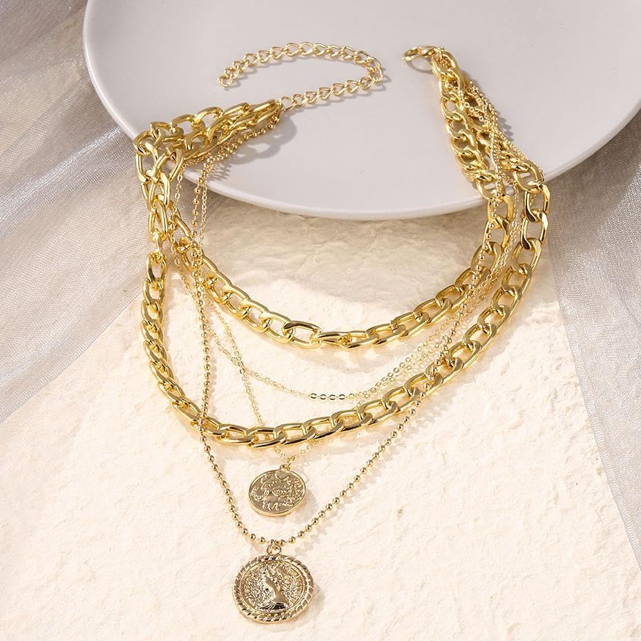 Layered Necklace for Women-Trendy Retro Portrait Coin Pendant Choker Necklace Dainty Chunky Chain Choker Necklaces - Image 8