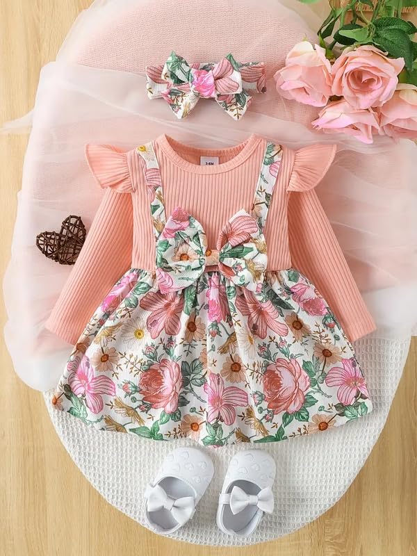 Image of Niren Enterprise Girl's Indian Pitta Floral Printed Full Sleeve Dungaree Style Knee-Length Baby Frock