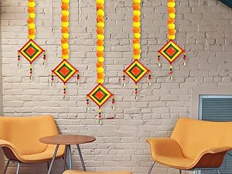 JH Gallery Handmade Artificial Marigold Fluffy Flowers Colorful Woolen Kite Bells Hangings for Home Décor, Pooja Room Decoration, Haldi Mehndi Décor, Wedding Decoration(39 Inches)(Pack of 6)