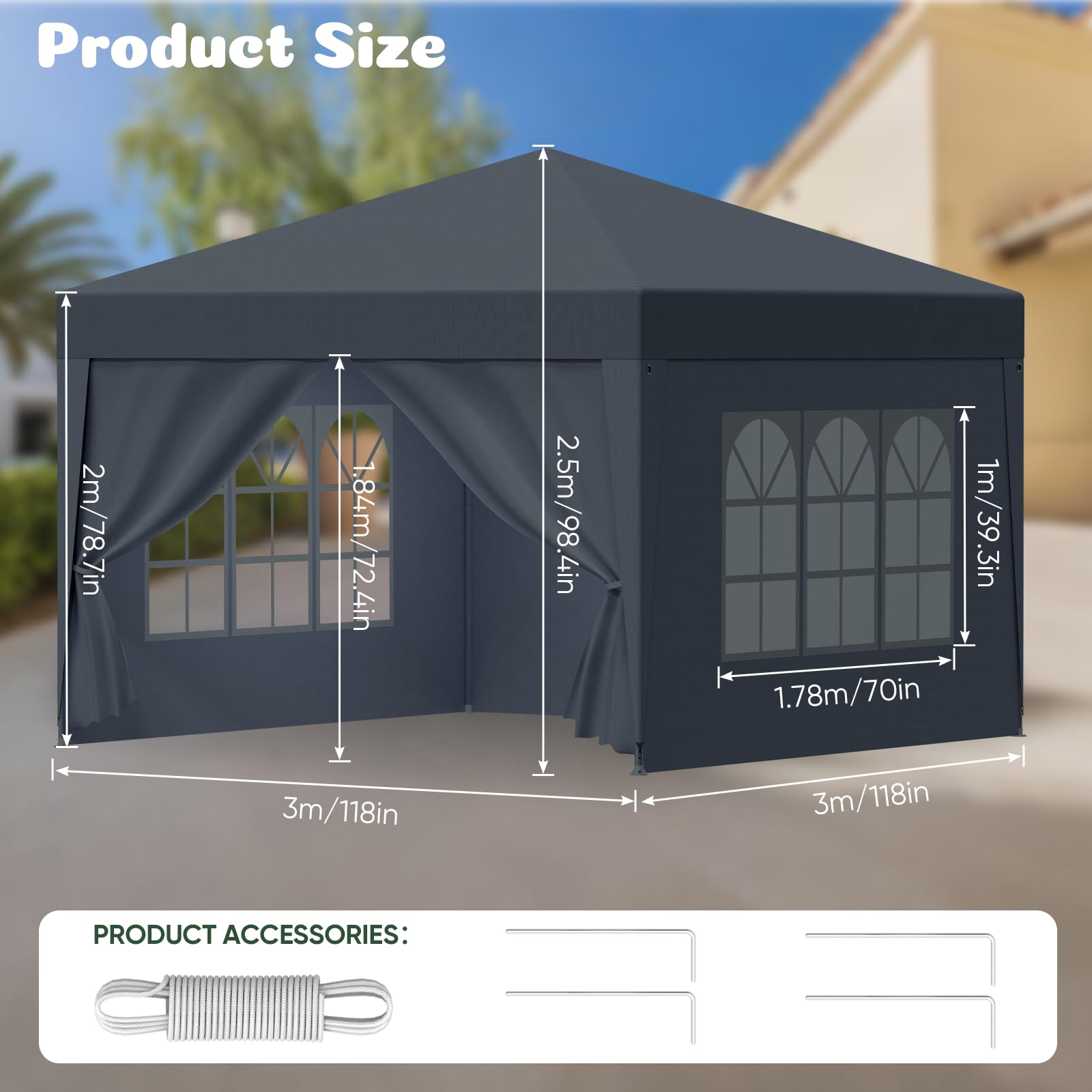 arvioo Paviljoen, 3 x 3 m, met 4 zijwanden, beschermt je feest, pop-up vouwpaviljoen, waterdicht, stabiel, winterbestendig, zonwering, 3-voudig in hoogte verstelbaar, partytent, stalen frame en 210D