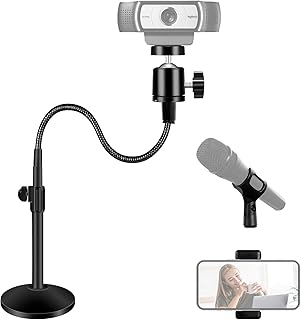 AIBUCOLL Webcam Stand Camera Mount, Flexible Gooseneck Webcam Mount Stand with Microphone Clip and Phone Clip for Logitech Webcam C922 C930e C920S C920 C615 C960 and Other Webcam with 1/4" Thread