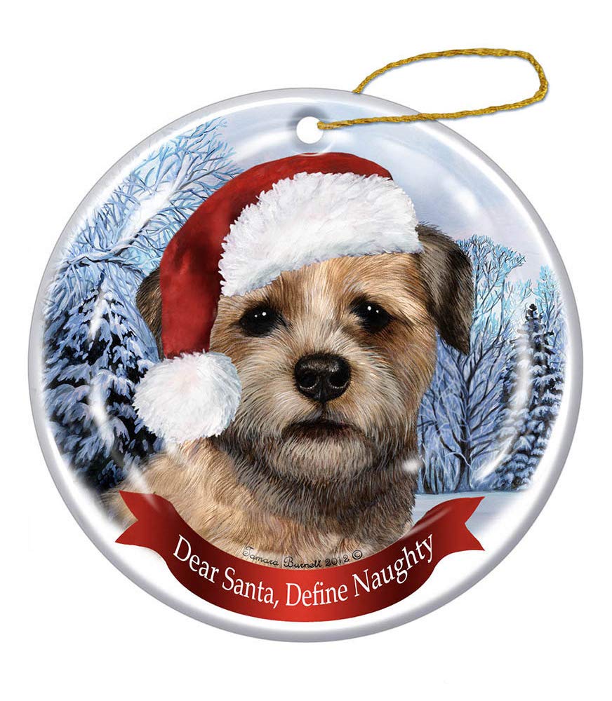 501 Gold Christmas Tree Ornaments Ceramic Christmas Decorations,Xmas Tree Hanging Christmas Baubles Keepsake Memorial Border Terrier Santa Hat Dog