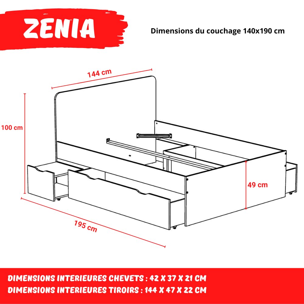 WEBER INDUSTRIES Lit Double Zenia 140x190 + 2 chevets + 2 tiroirs/Décor Chêne Blanchi