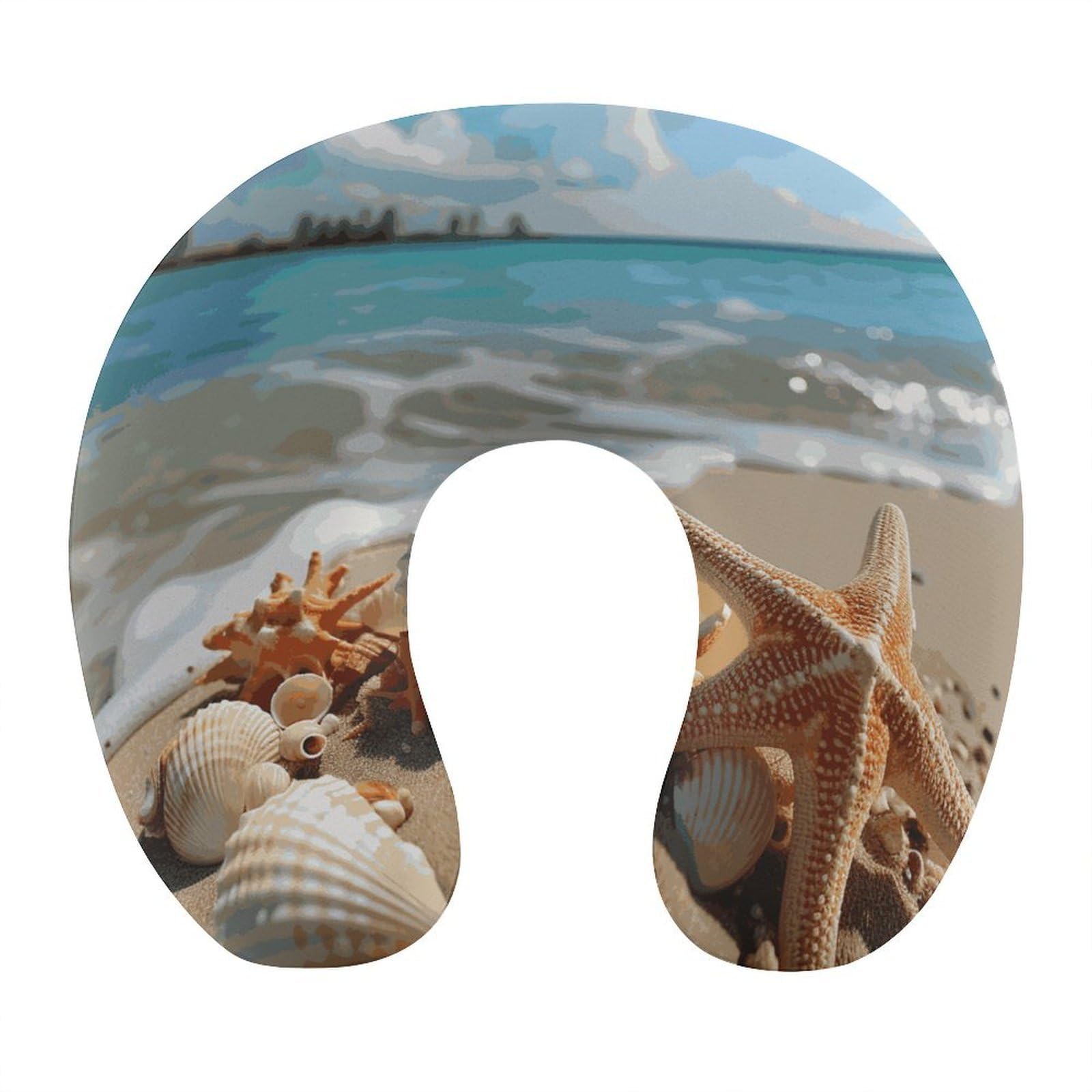 Adfgyerh Style Seashells Starfish On Beach U-Shaped Pillow，Memory Foam Pillow Core，Cushion ，Provide Neck Support ，Travel Pillow，Suitable For Airplanes, Cars, Homes, And Offices.