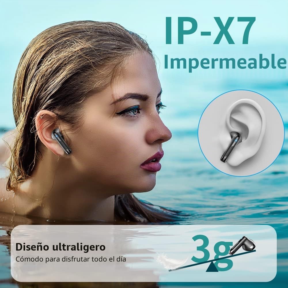 Auriculares Inalámbricos, auriculares Bluetooth 5.3 con HD Mic, HiFi Estéreo Cascos Inalambricos Bluetooth, IP7 Impermeable 42H Cancelación de Ruido In-Ear Auriculares, Control Táctil/LED/Carga USB-C