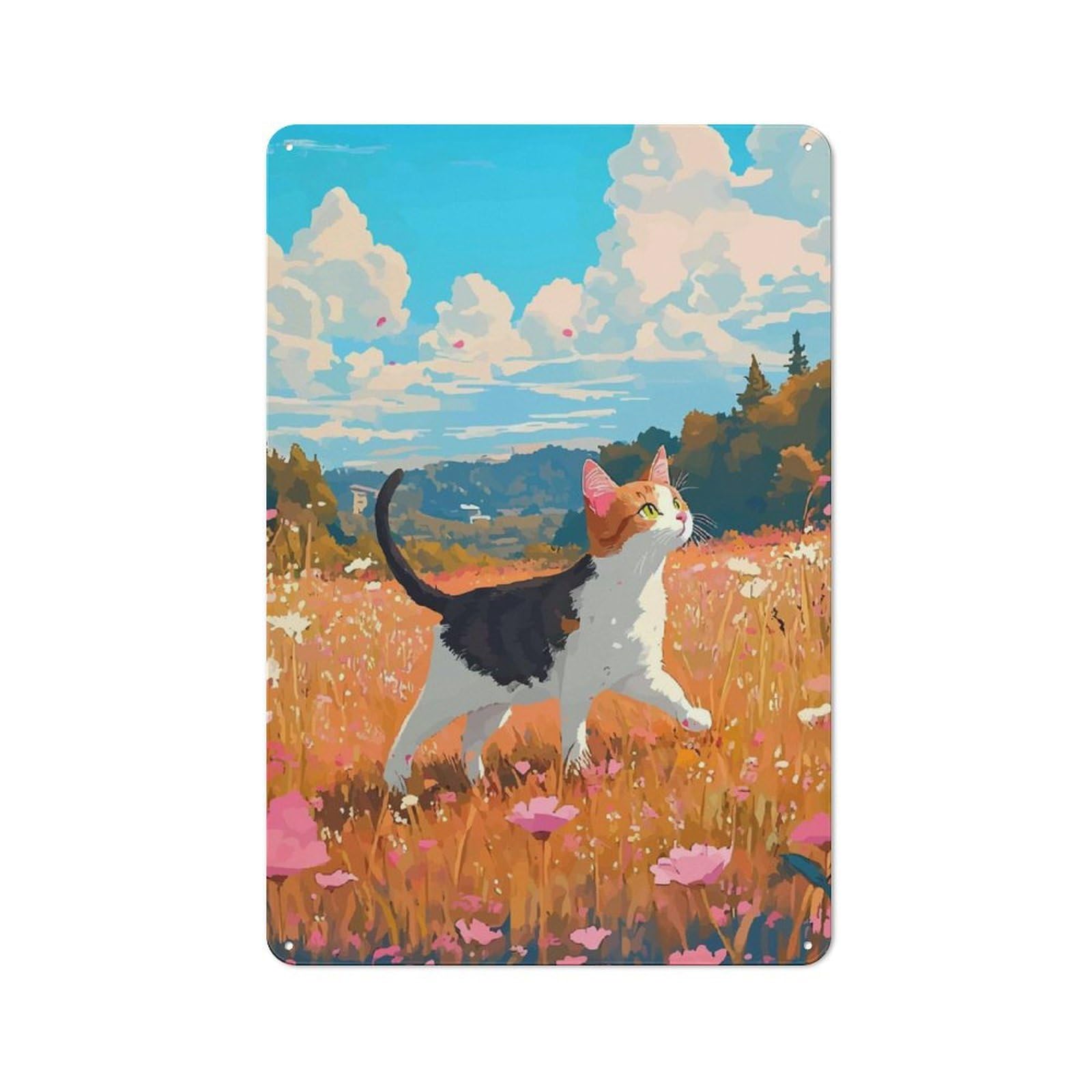 Junmoney Style-21 Rustic Metal Wall Sign 30X20cm Featuring Cat In A Flower Field For Garage Wall, Tin Sign Wall Decor For Garages And Workshops