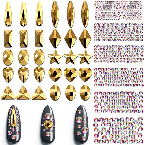 2030 Pieces 3D Crystal AB Color Flat Back Rhinestones Nail Art DIY Crafts Gemstones with Nail Art Gem Stones (Gold Mixed Shape)