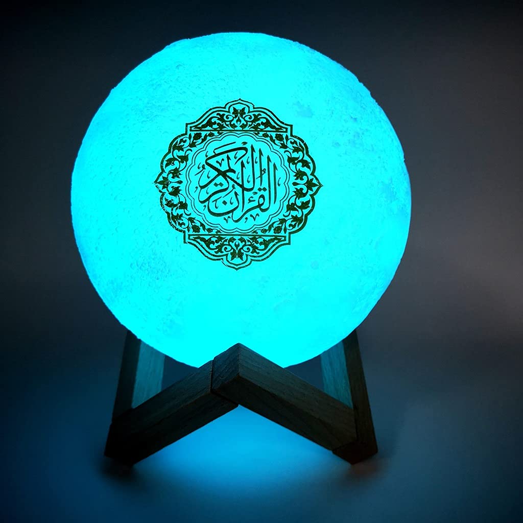 Veilleuse de Lune d'impression 3D avec Support, Contrôle à Distance et Tactile, Rechargeable par USB, Haut-Parleur sans Fil du Coran, Multi Langue