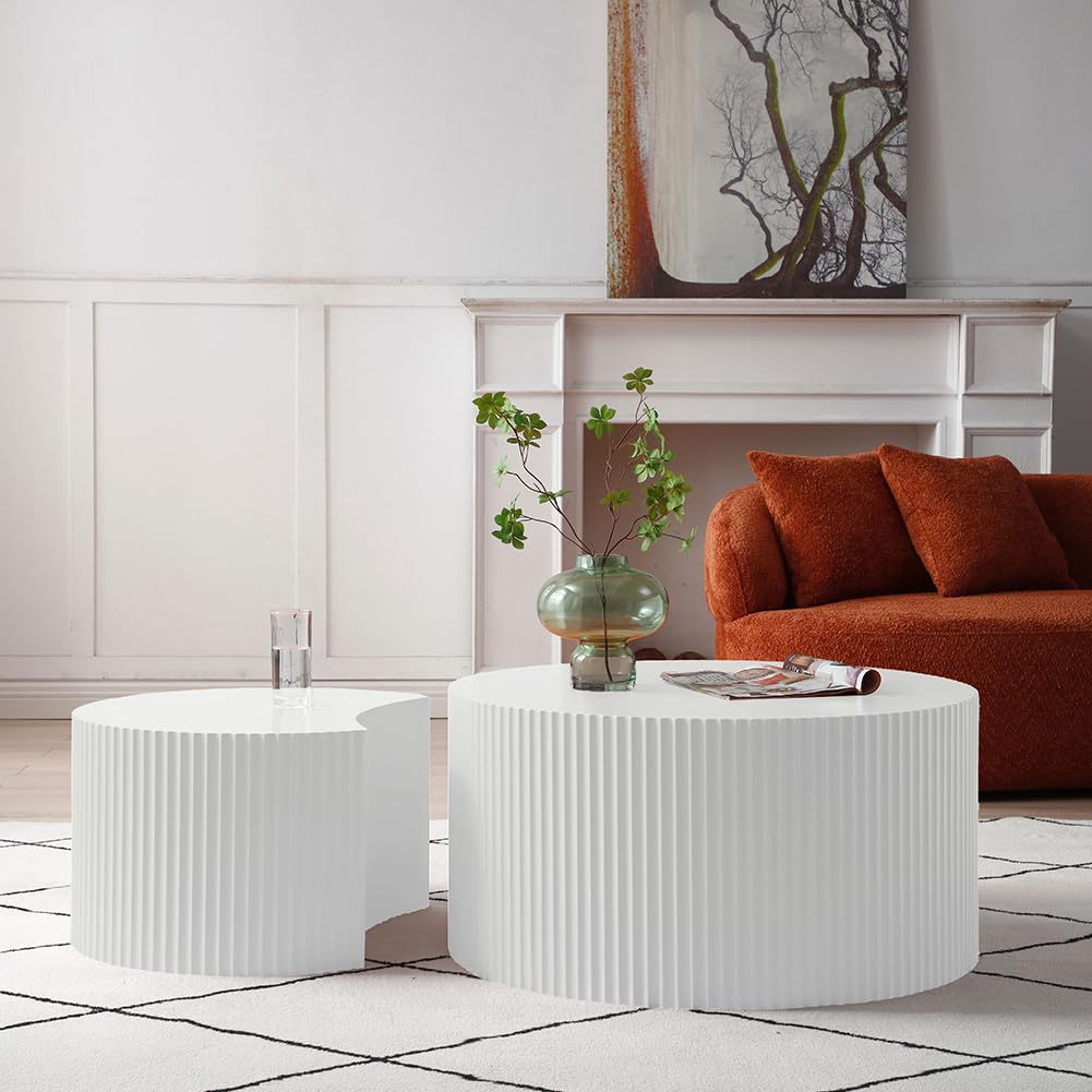 DREAMODERN Round Nesting Coffee Table, Modern Wood Coffee Table Unique Shaped Set of 2 for Small Space, Living Room - White