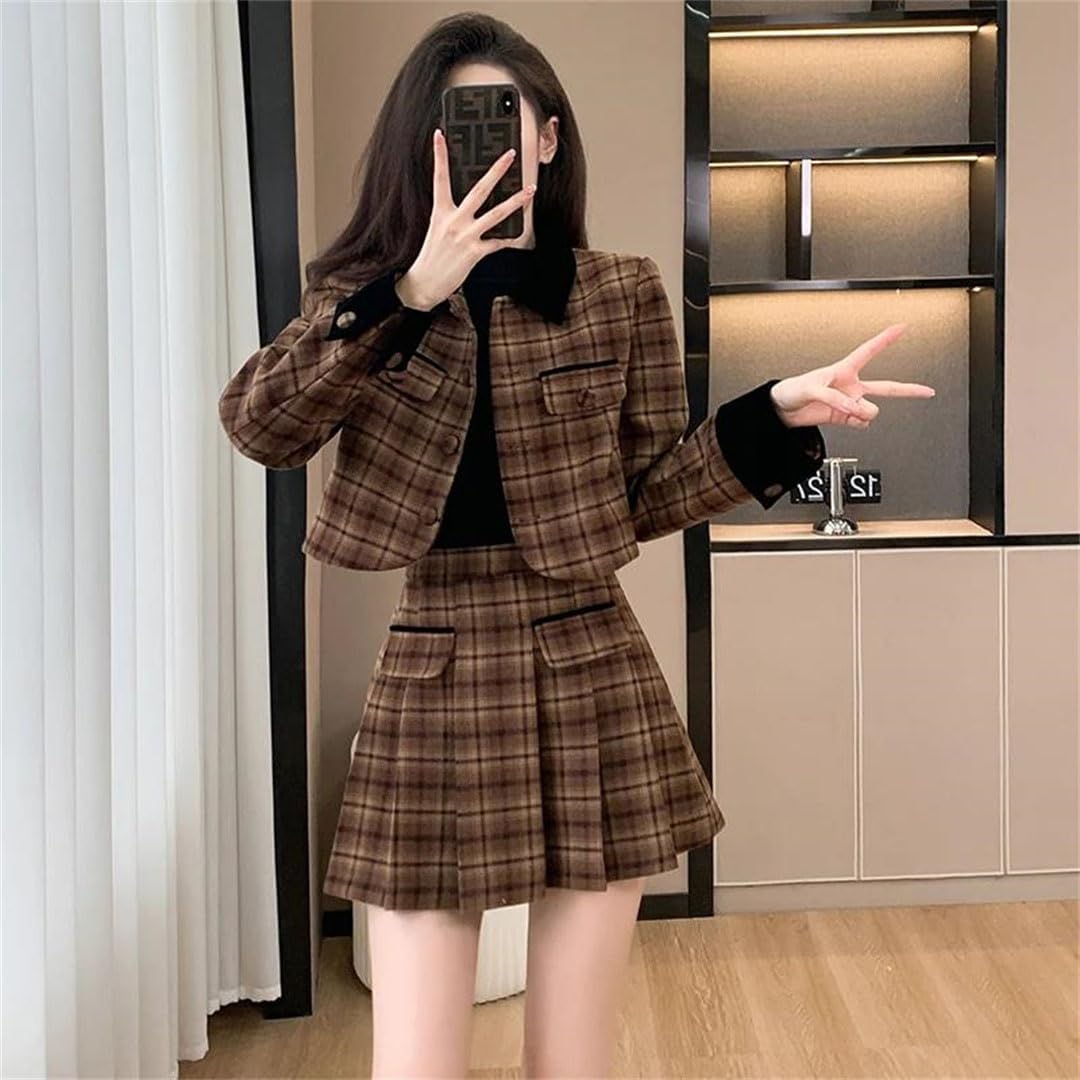 Women Plaid Two Piece Set Jacket High Waist Mini Skirt Outfit