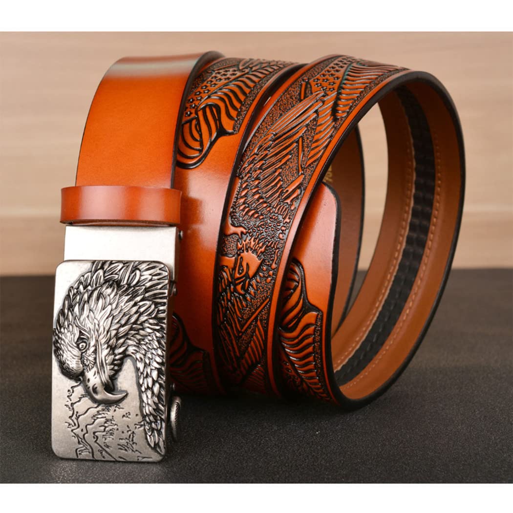 JIARY Cinture Da Uomo, Cintura Da Cowboy Occidentale Cintura In Vera Pelle Con Fibbia In Lega Con Motivo A Lettera Inglese 3D UVW,W Brown,120CM/47.3 - Foto 3