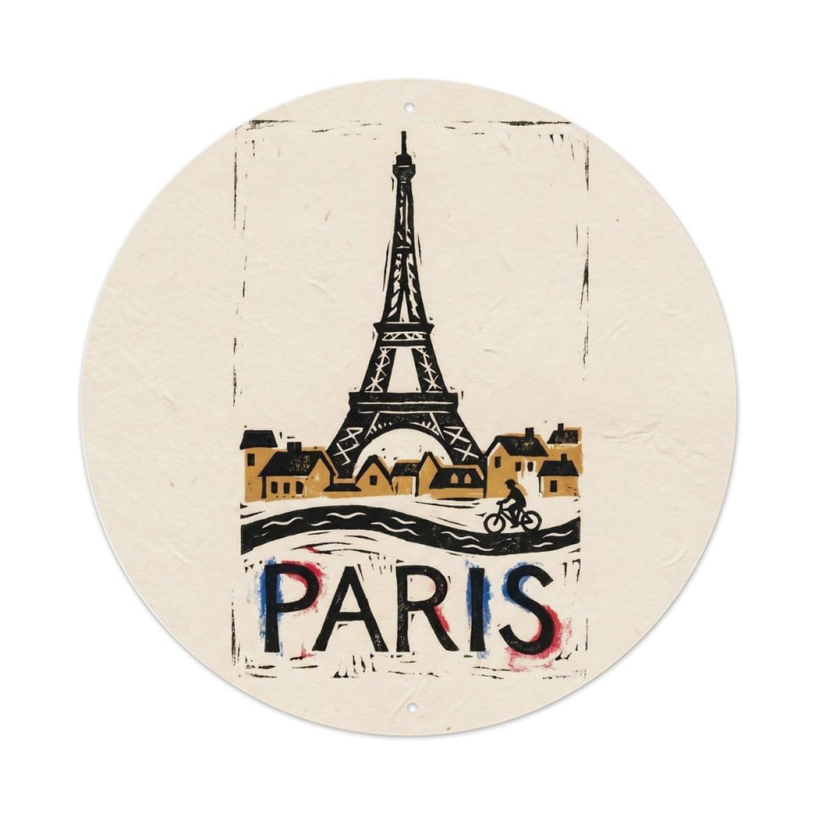 Paris Woodcut Eiffel Tower Cityscape Vintage Travel Landmark Metal Tin Sign Plaque Wall Decor for Cafe, Man Cave, Club Bar, Office, Home Garden Round Metal Poster 8x8Inch