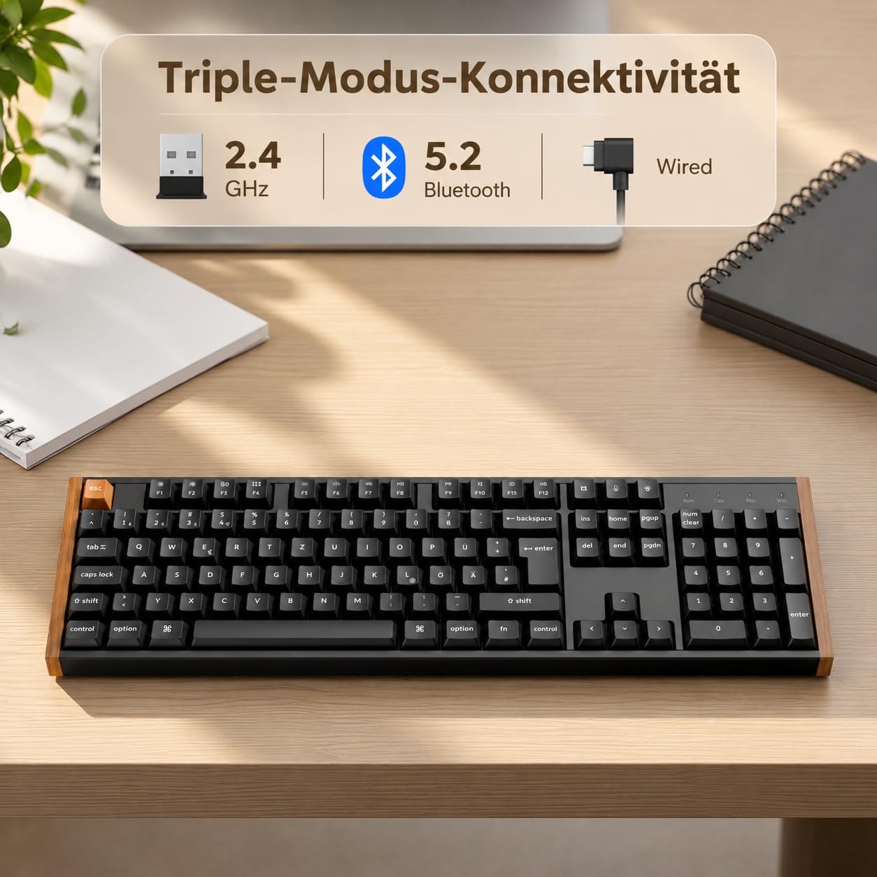 Keychron K10 HE Vollgröße DE-ISO Layout Wireless Mechanische Tastatur mit Magnet-Schaltern & Hot-Swap - Bluetooth/2.4GHz/USB-C, RGB-Beleuchtung QMK-Programmierung für Mac/Win, Holzdesign (Schwarz)