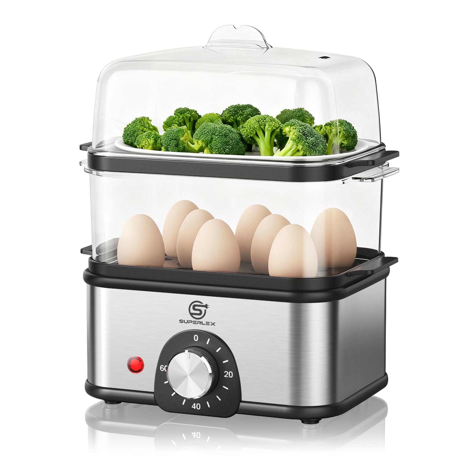 SUPERLEX 2-Tier Electric Egg Boiler & Stainless Steel Food Steamer, 60-Min Timer, Multifunctional for Eggs, Vegetables, Meat, Automatic Shut-Off, Easy-Clean