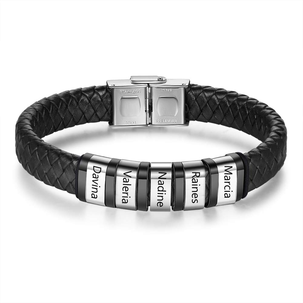 Custom Mens Name Bracelets with 1-8 Names Engraved Personalized Leather Braid Bracelets Gifts for Men Birthday Father's Day