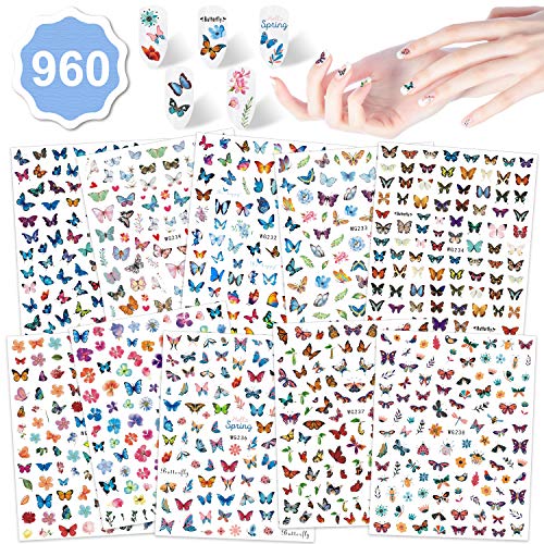 Preisvergleich Produktbild Qpout 960pcs Schmetterling Nagelaufkleber, 3D Selbstklebend Nagelabziehbilder Gemischte Schmetterlinge Maniküre Dekoration Abziehbilder für Frauen Mädchen Kinder DIY Nagelstudio Tee / Spa Party Geschenk