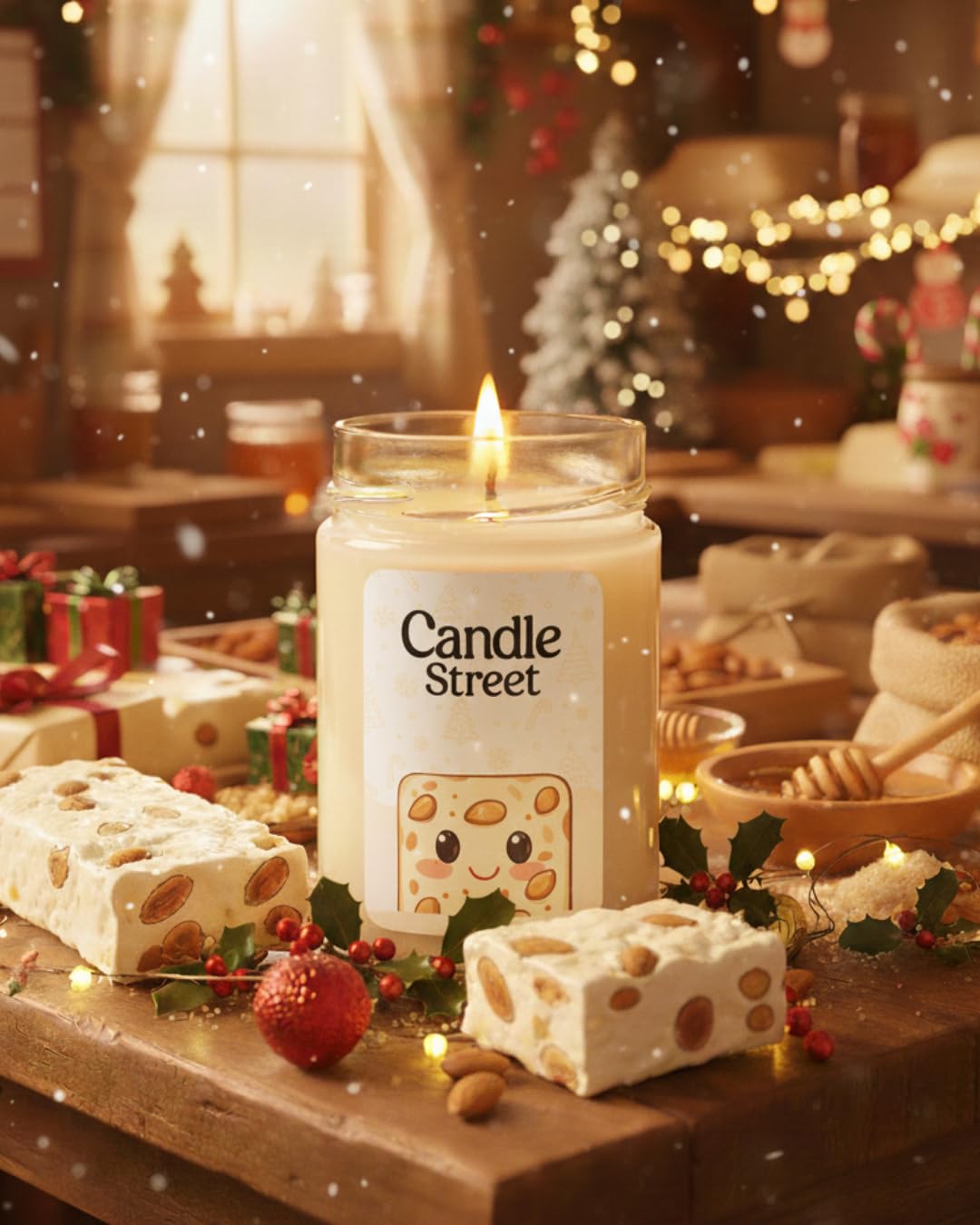 Candle Street – Duftkerze Nougat 500 g | Haselnuss, Mandel und Honig | Kollektion Süße Weihnachten | Große Kerze im Glas, 120 Stunden Brenndauer, perfektes Geschenk für Weihnachten