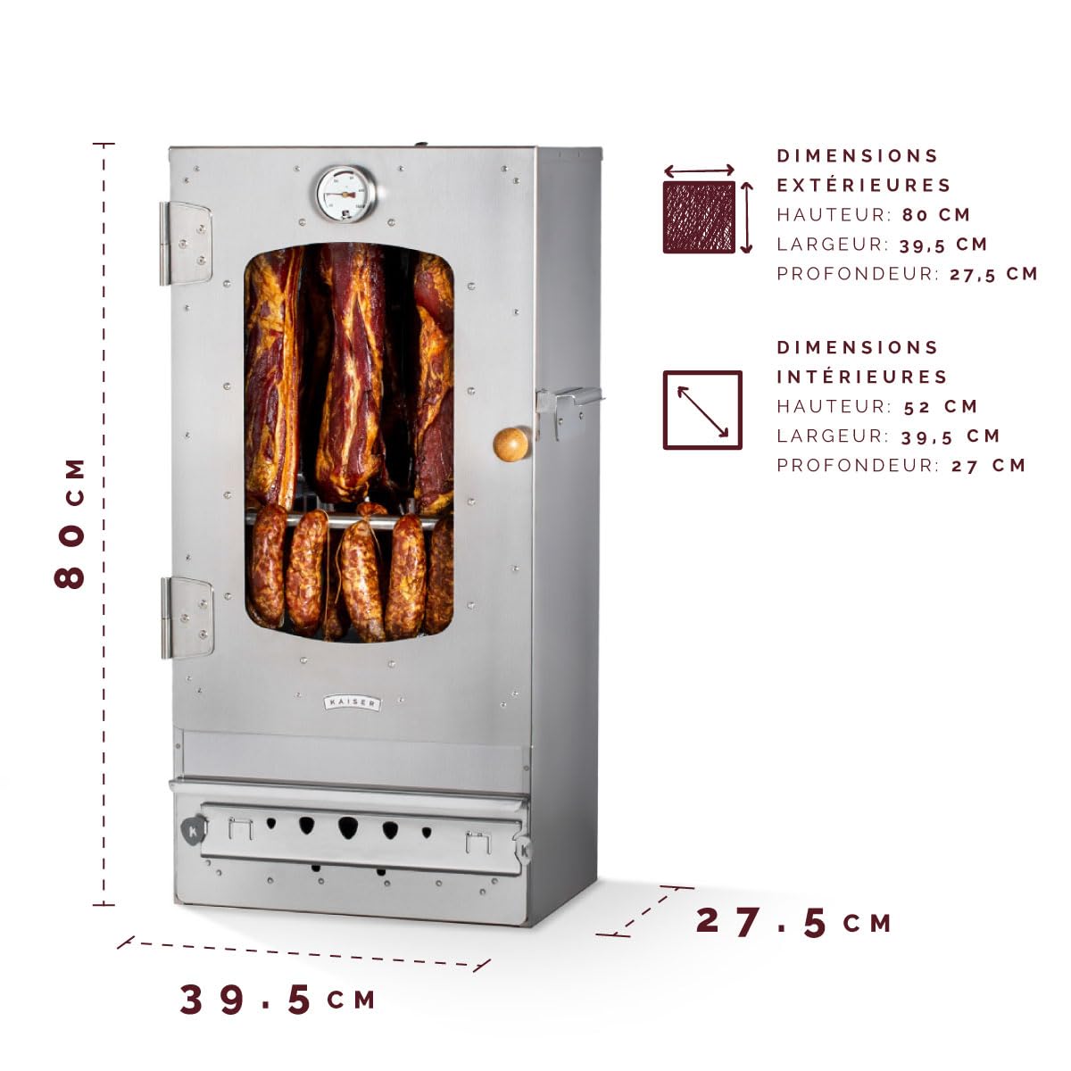 Fumoir KAISER COMPANY '50' en acier inoxydable de haute qualité, portable de 80 cm, pour fumer jusqu'à 10 kg de viande, chauffage au bois