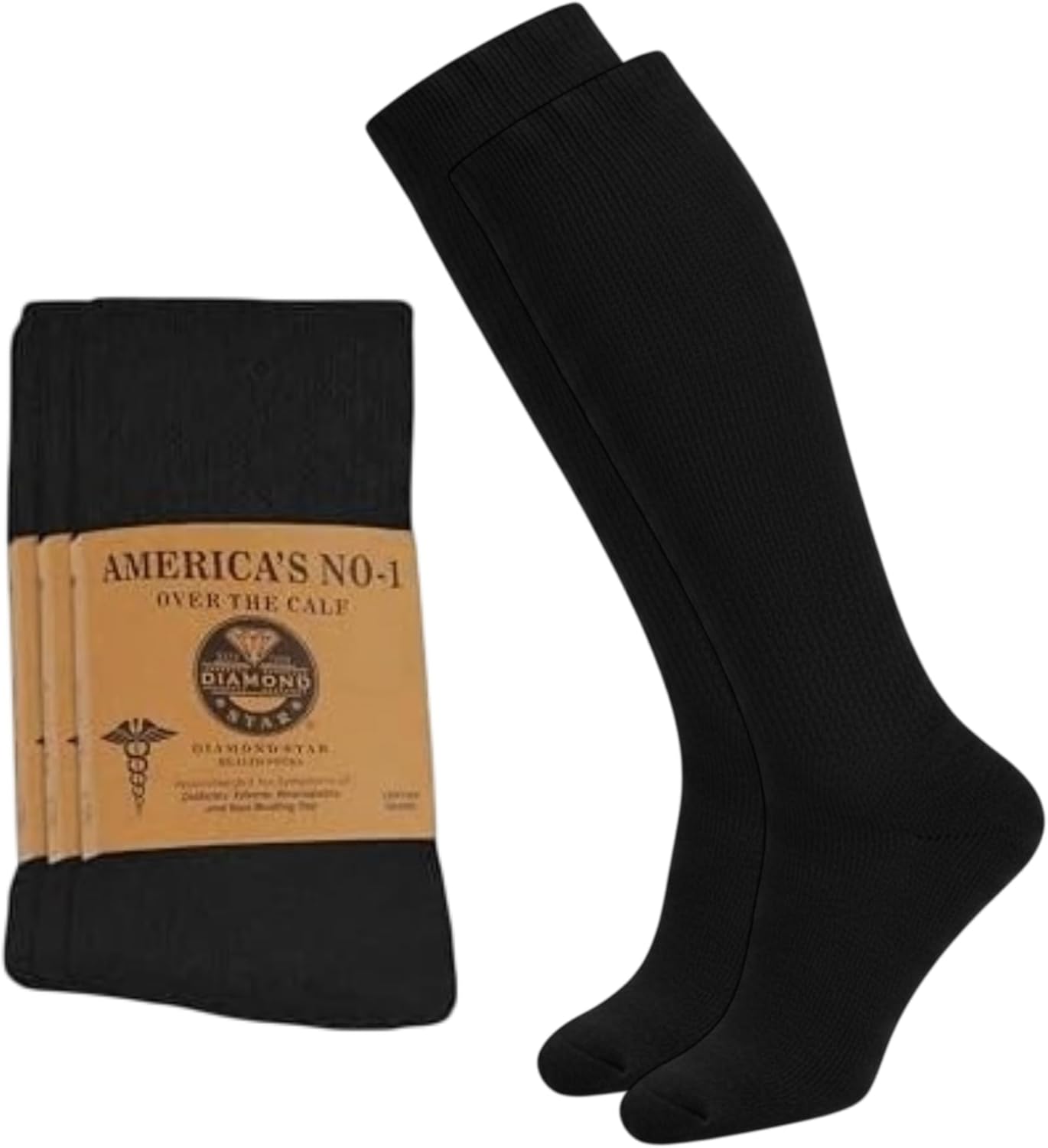 Diamond Star 2 Pairs Diabetic Knee High Socks for Men – Over the Calf Cotton Socks, Non-Binding Comfortable Fit – Men’s Shoe Size 9–12 (2 Pairs Black)