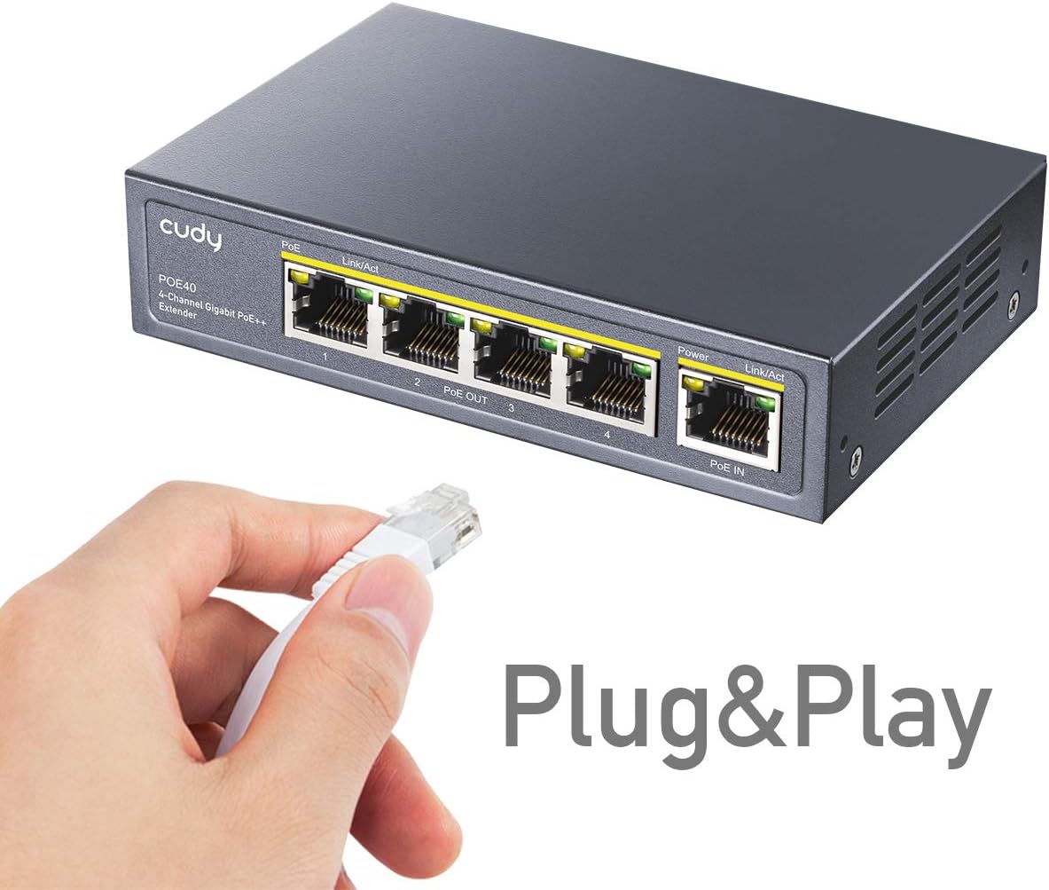 Cudy 4 Channel Gigabit PoE Extender, 1000 Mbps, 1 PoE Input, 4 PoE Output, PoE Repeater, PoE+ Amplifier, PoE++ Booster, Wall Mounting, IEEE 802.3bt / 802.3at / 802.3af Compliance