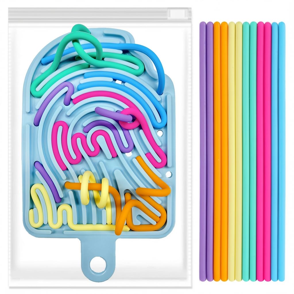 Silicone Sensory Activity Board, Double-Side Fidget Toy for Anxiety, Stress, ADHD, Autism and Calming, Silent, No Mess, Sensory Board with Portable Travel Bag & 12 Strings, Kids 3+ & Adult, Blue