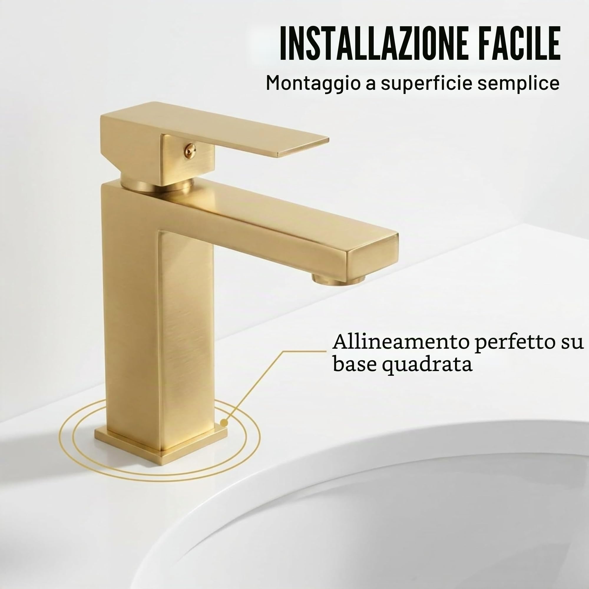 VALAZ Rubinetto Bagno Lavabo Dorato Spazzolato Protezione PVD | Miscelatore Lavabo Bagno Acqua Fredda e Calda, Risparmio Acqua | Installazione Facile | Ottone, Inossidabile, Quadrato, Serie Segura