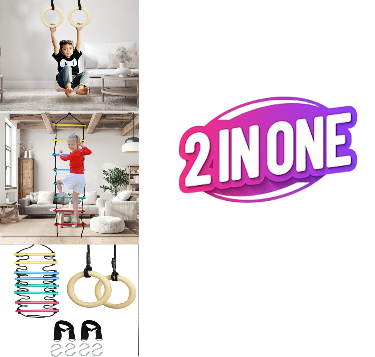 VIXERA 2in1 Swings Set Trapeze Swing bar with Rings/Climbing Rope Ladder/Combo
