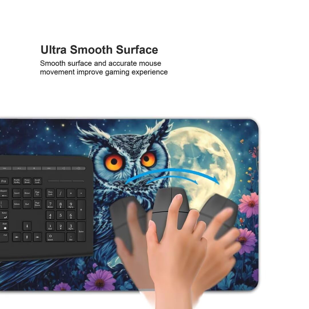 Alfombrilla de ratón 1400x600x3 MM, Alfombrilla Ratón XXL Extendida de Gran Tamaño con Bordes Cosidos, Base de Goma Antideslizante Almohadilla para Teclado, Búho de la Luna S-12389